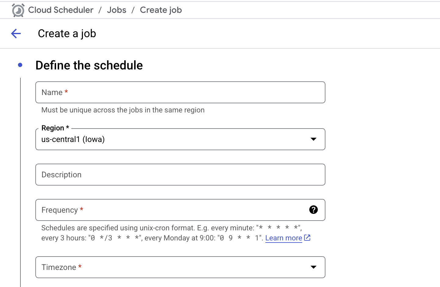 Create Cloud Scheduler Job Page