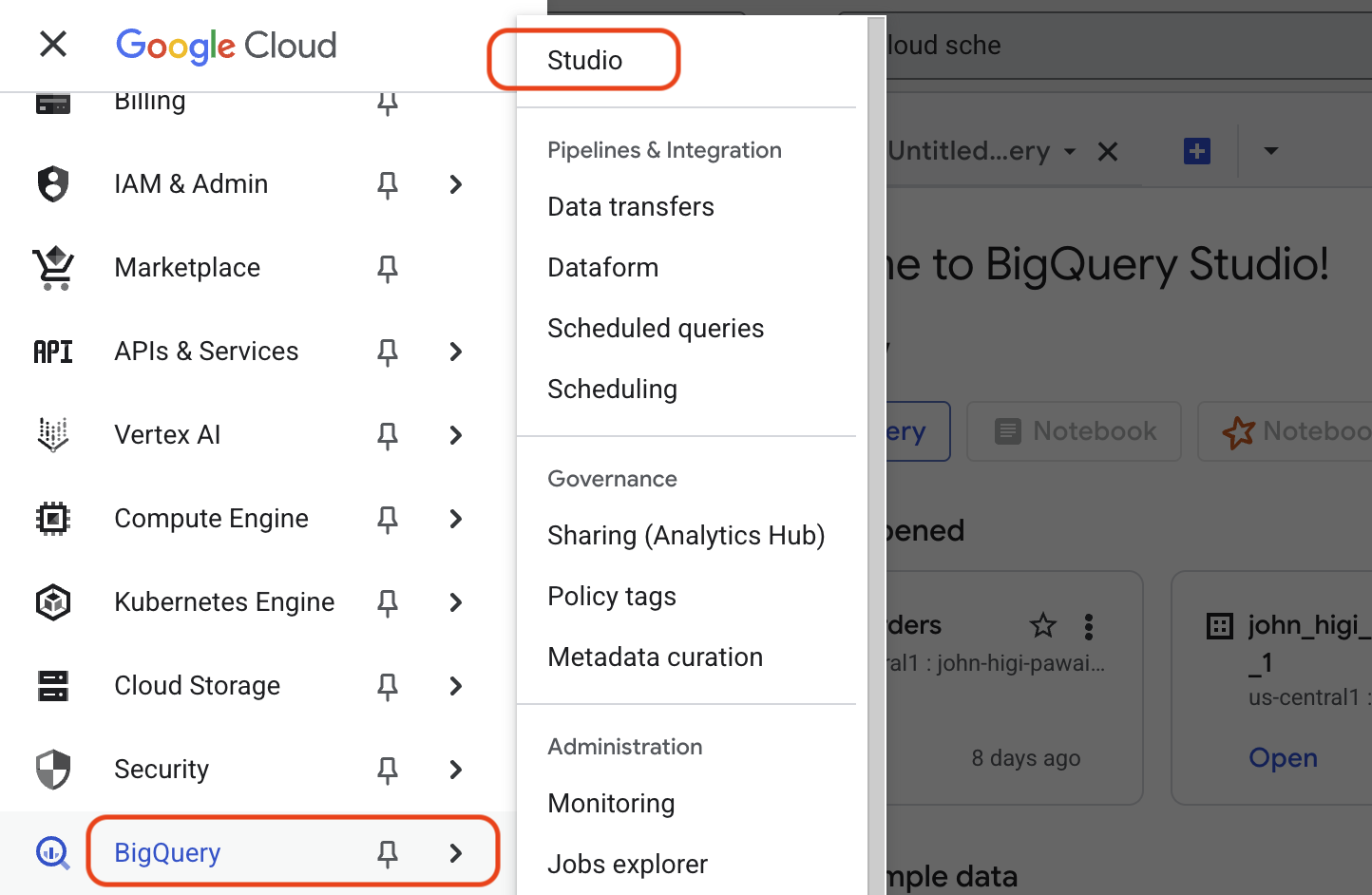 Navigate to BigQuery Studio