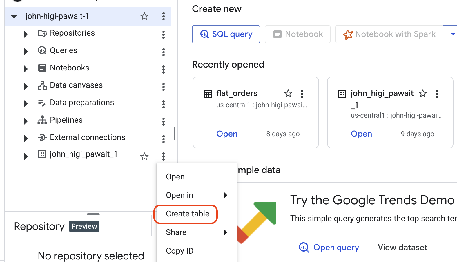 Create BigQuery Table Menu