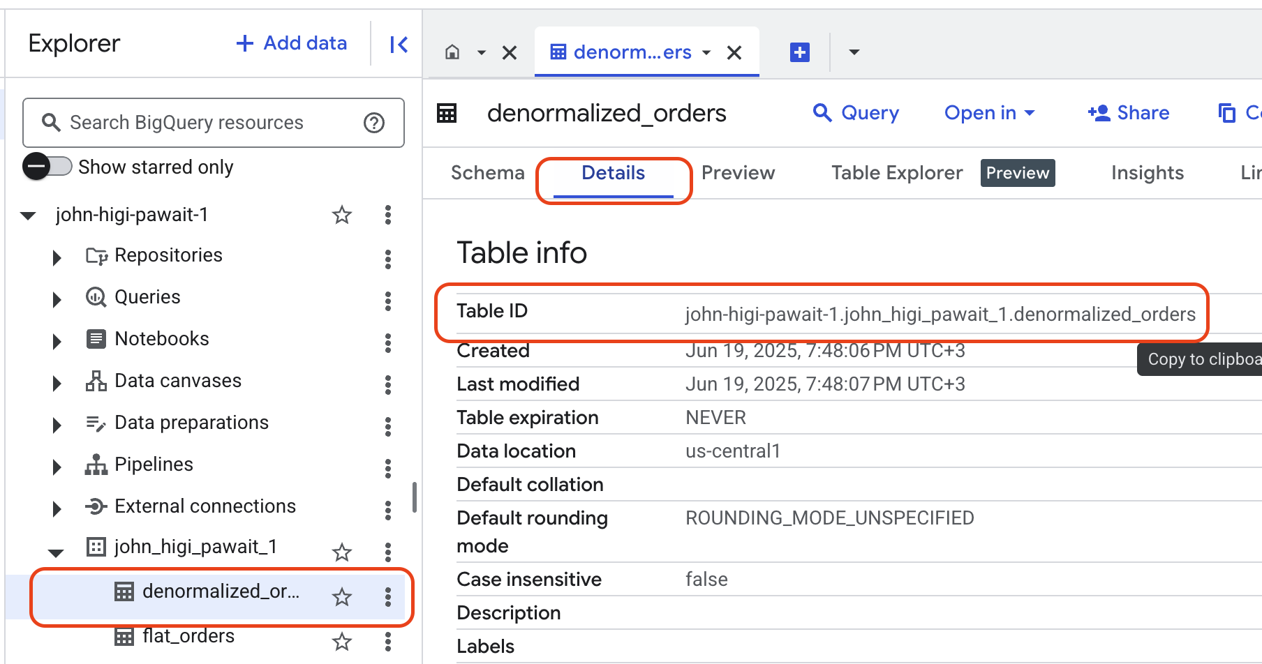 Configure BigQuery Table Details
